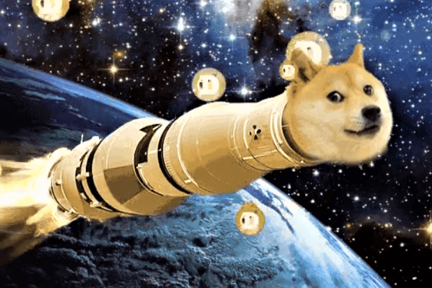 Doge riding a rocket to the moon